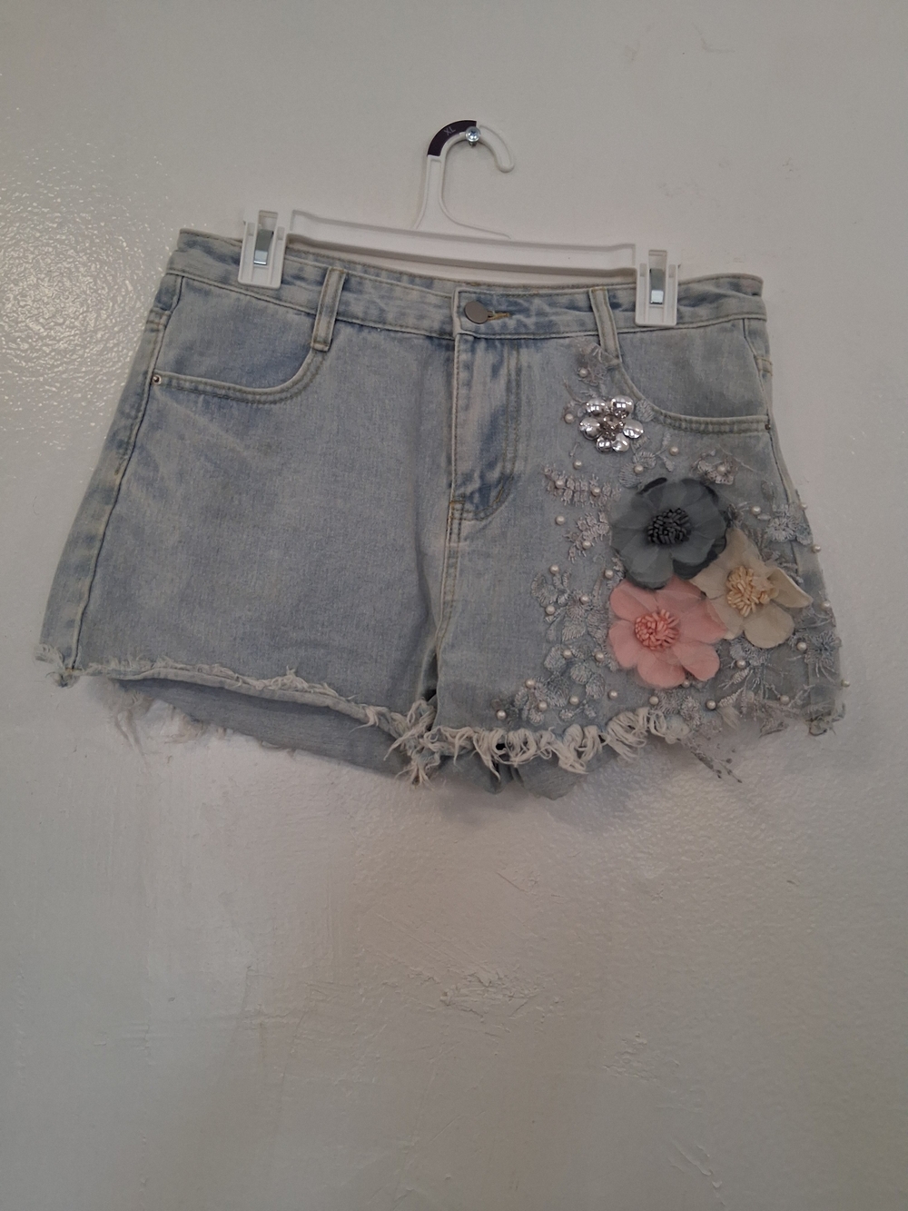 Embellished Light Blue Denim Shorts with Floral Accents